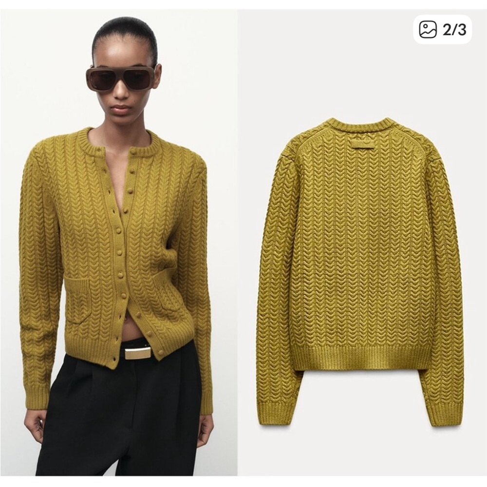 Zara Olive Cable Knit Cardigan - Picture 3 of 5